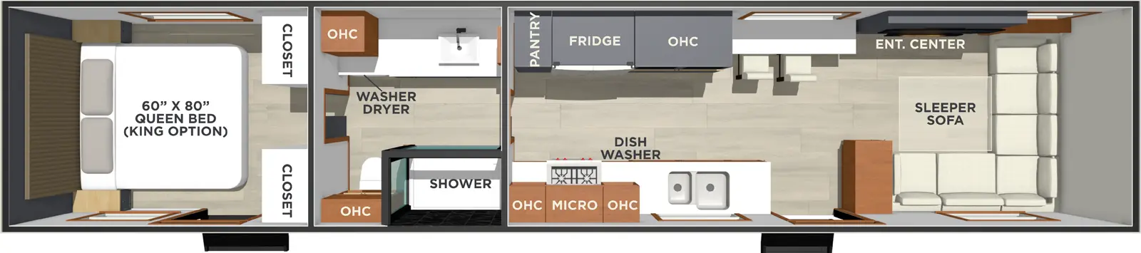The Lost Pines SEQUOIA floorplan has two entries and zero slide outs. Exterior features include: fiberglass exterior. Interiors features include: rear bedroom, front living and pass through bathroom.